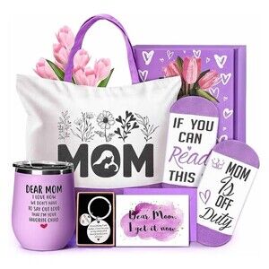 Mothers Day Gift Set Wine tumbler keychain socks card canvas tote bag Purple
